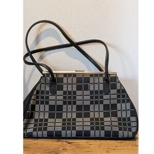Texier Black Gray Plaid Logo Kiss Lock Double Handle Vintage Handbag